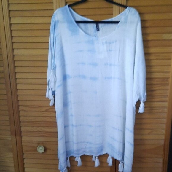 Raviya Other - Raviya NWT Blue White Tye Dye Oversized Tassle Fringe Cap Sleeve Swim Cover Up M